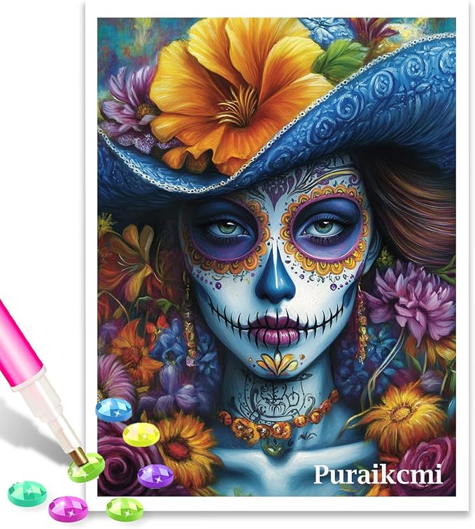 Puraikcmi DIY 5D Sugar Skull Woman Diamond Art Painting Kits 12x16 Inch Full Drill Round Diamonds Rhinestone Embroidery for Wall Decoration 95 - skull painting