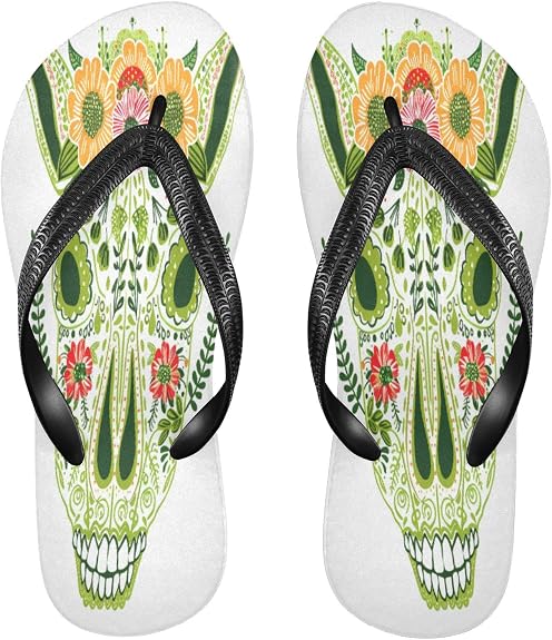 Black and Red Chinese Dragon Alpaca Skull Skeleton Cucumber Green Outlined Marigold rubber flip flops mens - sugar skull costume