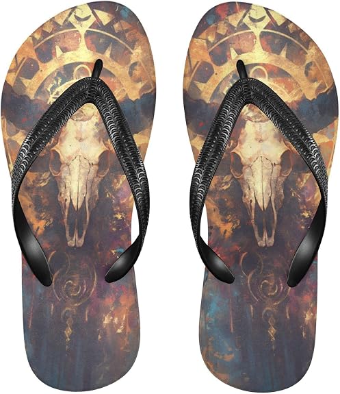 Black and Red Chinese Dragon Mysterious Bull Skull rubber flip flops mens lightweight sandals flip for Outdoor Swimming, - sugar skull costume
