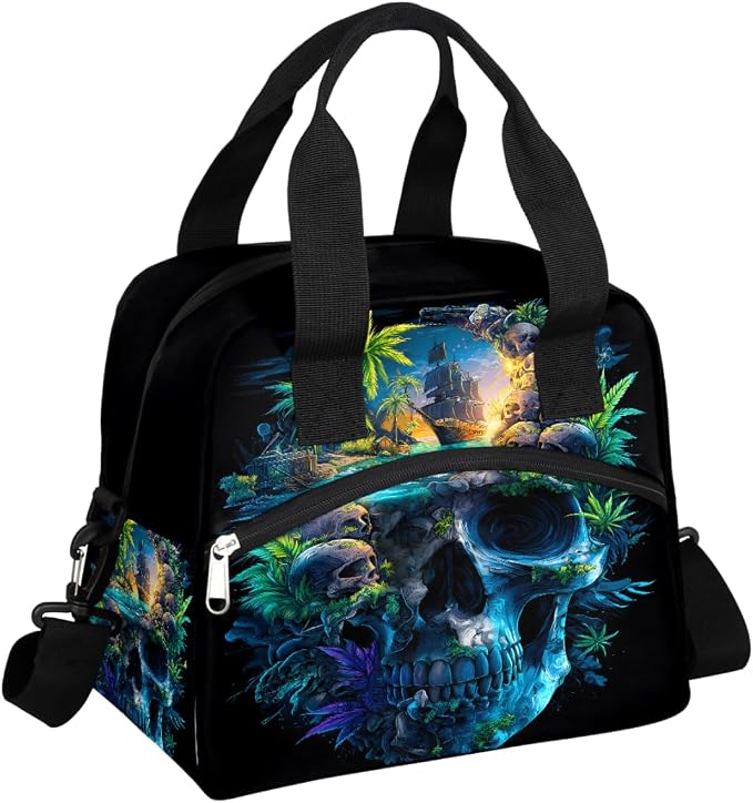 Pardick Skull Skeleton Teal Insulated Lunch Bag for Women Leakproof Lunch Box Large Cooler Thermal Tote Bag with Shoulder Strap Meal Prep Bags for Work School Office Picnic Teen Girls Adult - sugar skull handbags for sale