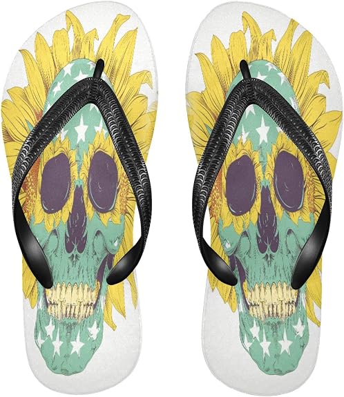 Black and Red Chinese Dragon Star Flag Skull Skeleton Sunflower Outlined Jade Yellow rubber reef flip flops lightweight - sugar skull costume