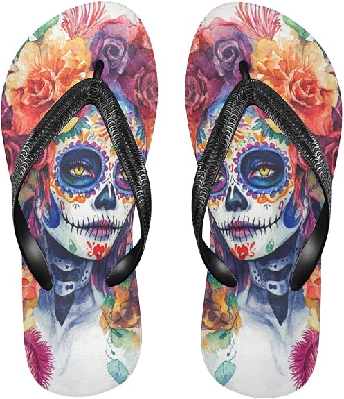 Black and Red Chinese Dragon Dia De Los Muertos Mexican Skull with Flower rubber men flip flops waterproof men flip for - sugar skull costume