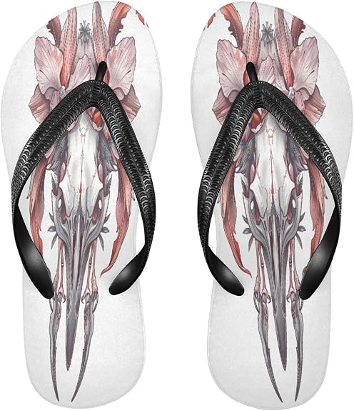 Black and Red Chinese Dragon King Vulture Skull Orchid Outlined Gray rubber flip flops essential beach sandals for - sugar skull costume
