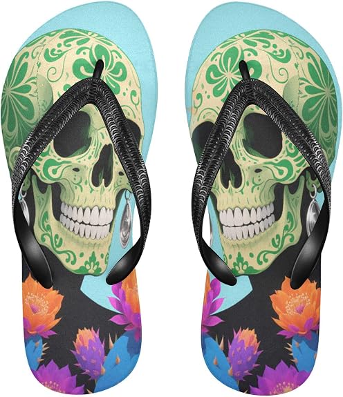 Black and Red Chinese Dragon Green Skull Colorful Cacti rubber flip flops Slip-Resistant flops men for Outdoor Swimming, - sugar skull costume