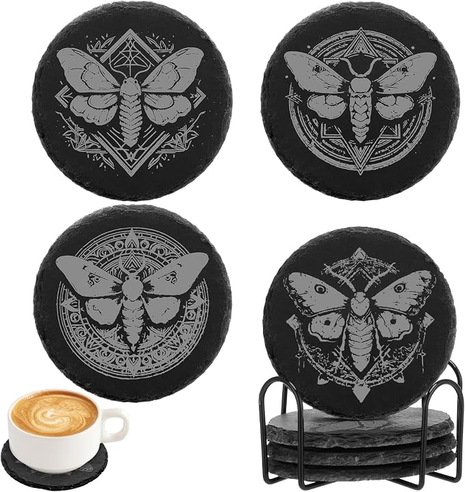 Hushee 4 Pcs Moth Gothic Slate Coasters, 4 Inch Round with Holder - skull coaster
