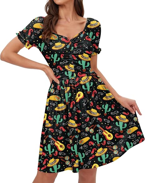 Women Cinco De Mayo Dress Summer Short Sleeve Sweetheart Neckline Mexican Fiesta 1950s Swing Mini Dress Black Skull Flower S - sugar skull dress