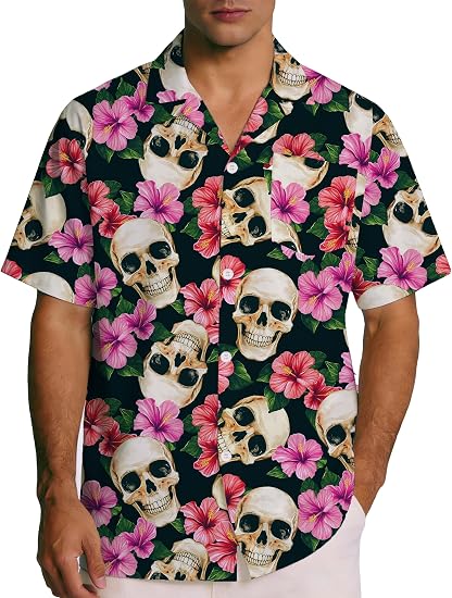 Funny Hawaiian Shirts for Men Short Sleeve, Beach Casual Button Down Shirts Summer Tropical Vacation Aloha Shirt - skull tshirt