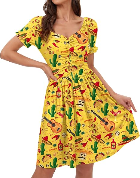 Mexican Style Dress for Women Short Sleeve Cute Print Elastic Waistband Spanish Cinco De Mayo Outfits Black Guitar S - sugar skull dress