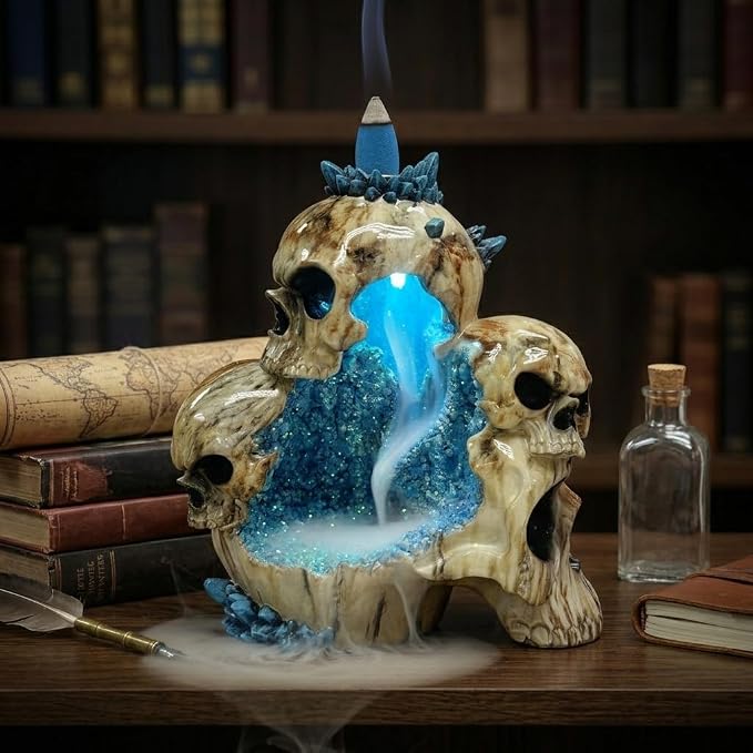 Nature's Mark Triple Skull Backflow Incense Burner - Blue Crystal Geode Style with LED Light - 8.07" H Goth Decor, Halloween Centerpiece, & Macabre Fragrance Diffuser - skull incense burner
