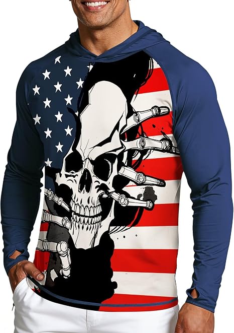 Men's American Flag Fishing Shirt, UPF 50+ Sun Protection Hoodie - skull swimsuit