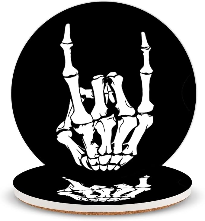 Skeleton Hand Ceramic Coasters of 2 with Cork Backing Absorbent Coaster