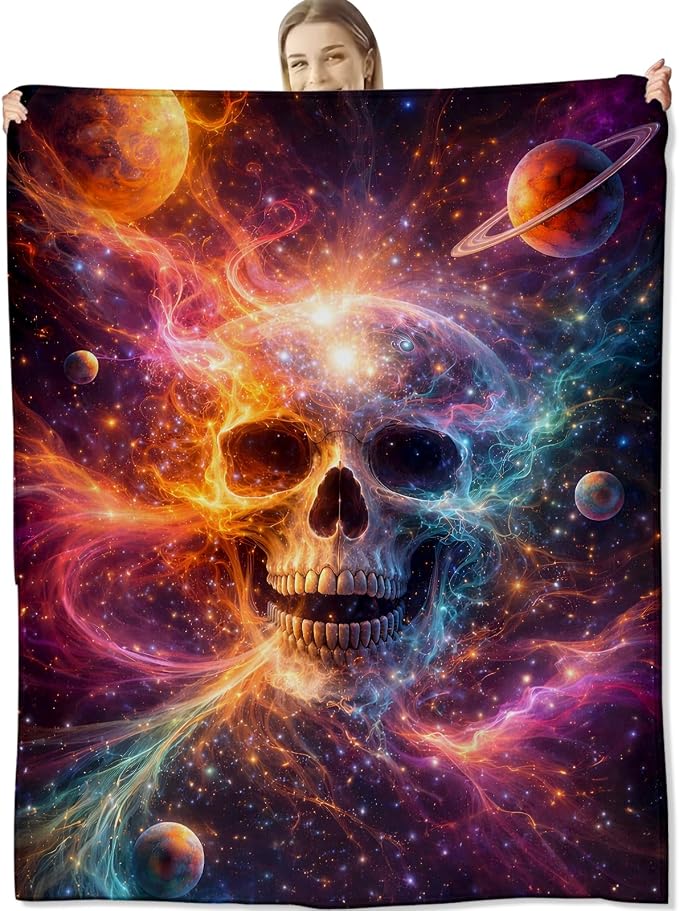 Cosmic Skull Blanket for Space and Fantasy Art Lovers, Galaxy Flannel Blankets, Skeleton Gifts, Soft Warm Cozy Throws for Sofa Couch Bed Living Room Bedroom Home Decor 60" x 50" - skull blanket