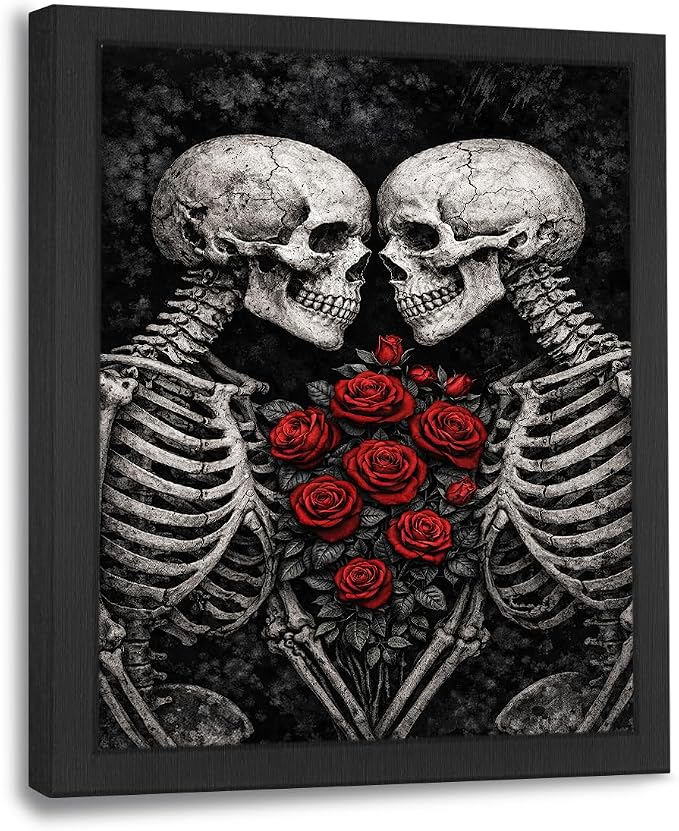 Framed Gothic Skeleton Wall Art Romantic Skull Rose Canvas Print Pictures Painting Dark Academia Couple Artwork Decoration for Bedroom Living Room Bathroom Office Decor Gifts 8″x10″