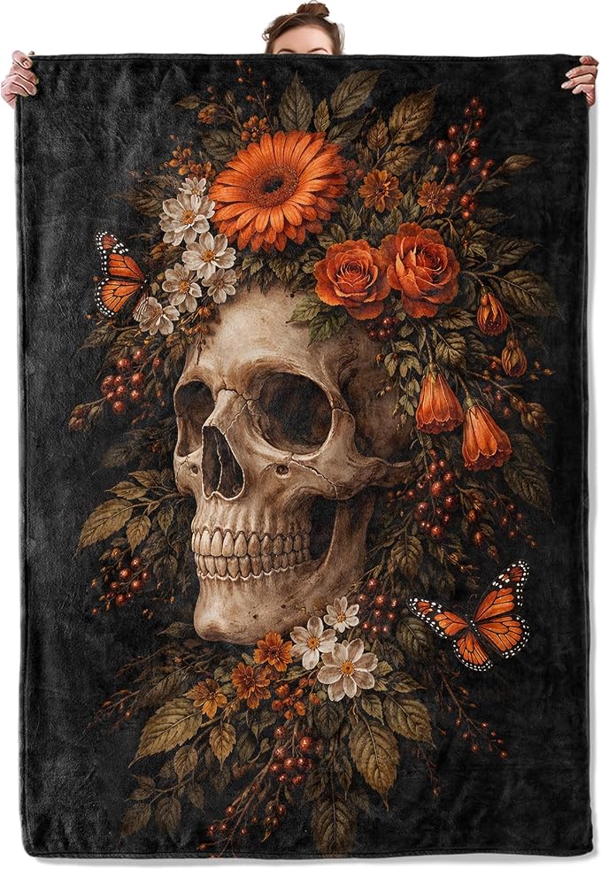 Skull Floral Flannel Throw Blanket Goth Skeleton and Dark Botanical Decor for Adults Gothic Lovers Cozy Lightweight Fleece Blankets Bedroom Couch Dorm Camping, 50x60inch - skull blanket
