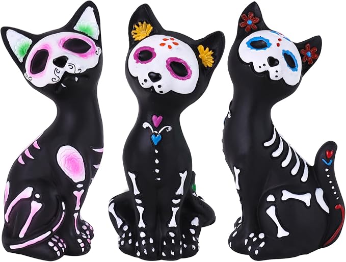 MEETYAMOR Day of the Dead Decorations, 3 PCS Resin Skeleton Cat Figurines for Halloween Decor, Animal Statues Sugar Skulls Dia De Los Muertos Decorations for Indoor Home Table Mexican Fiesta - skull figurine