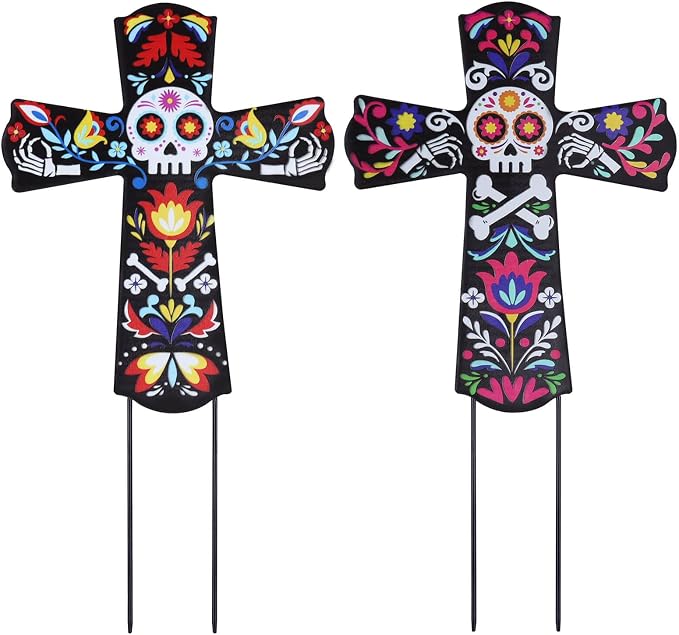 hogardeck Dia de Los Muertos Decorations, Set of 2 Day of The Dead Cross Sugar Skull Decorative Garden Stakes, Metal Halloween Decorations Yard Signs for Outside Garden Lawn Porch Patio Party - skull inflatable