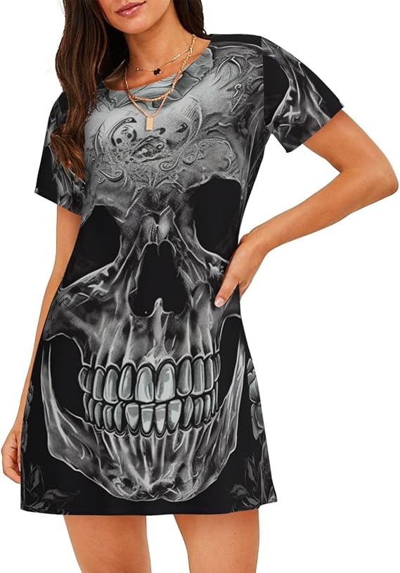 Women'S Cotton Nightgown Soft Cotton Sleep Shirts Short Sleeve Sleepwear Skull Skeleton Casual Pajama Sleepdress - skull pajamas