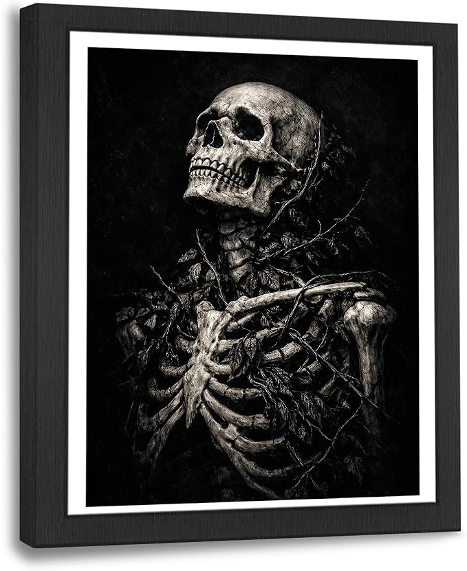 Dark Gothic Skeleton Skull Framed Wall Art Dark Academia Moody Aesthetic Black Horror Canvas Wall Decor Pictures Painting Print Artwork Decorations Gifts for Living Room Office Bedroom 8″x10″