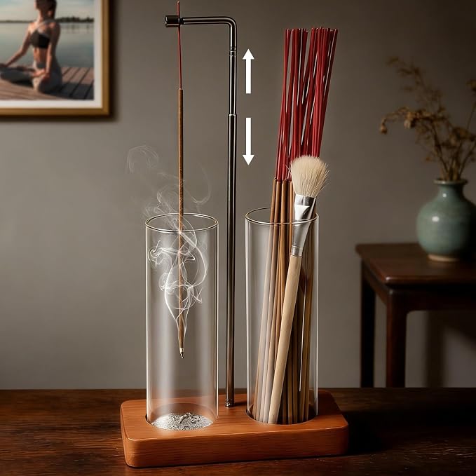Incense Holder for Sticks, 2 in 1 Incense Sticks Burner with Glass Ash Catcher & Storage, Upside Down Incense Holder with Brush, Anti-Ash for Yoga Meditation Spa Outdoor Patio(Extends 8.7"-13.4") - skull incense burner