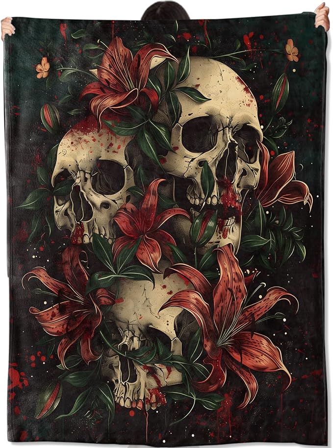 Gothic Floral Skull Blanket,Dark Botanical Throw Blankets Lightweight Flannel Throws 50×60 for Couch Bed Sofa,All Season Home Decor,Unique Gift for Teens and Adults Who Love Alternative Art - skull blanket