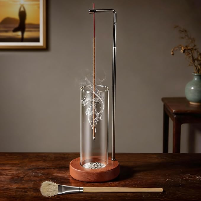 EMETE Incense Holder with Glass Ash Catcher, Retractable Wooden Incense Burner Fits Short, Long & Extra-Long Incense Sticks, Mess-Free Ash Catcher for Meditation Yoga Decor - skull incense burner