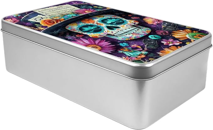 Metal Tin Storage Box with Lid,Sugar Skull - skull plate