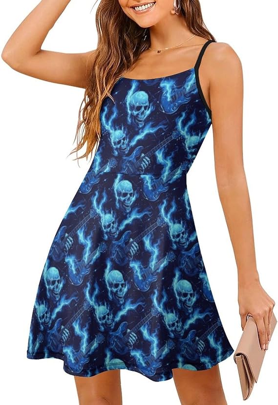 Blue Fire Skull Guitarist Print Summer Dresses for Women, Casual Midi Dresses for Women Beach Vacation Ladies Dress - sugar skull dress