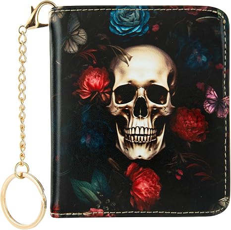 AIRMORS Cute Small Wallet for Women, Digital Print Slim Bifold Card Holder, Mini Pocket Purse with Keychain, ID Window & Coin Zip Man Credit Card Organizer (Flower Skull) - skull wallet