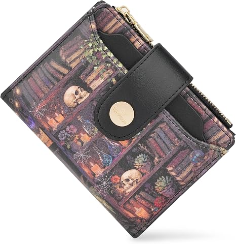 Small Womens RFID Bifold Book Wallet, Skull Leather Card Holder - skull wallet