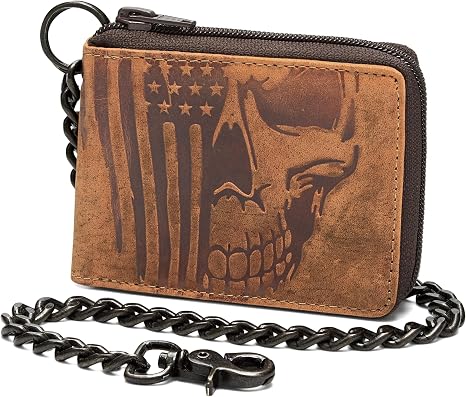 RFID Blocking Mens Full Grain Leather Zip-Around Chain Wallet,brown,20-103 - skull wallet