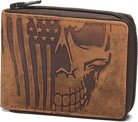 RFID Blocking Mens Bifold Full Grain Leather Zip-Around Wallet,brown,z10103 - skull wallet