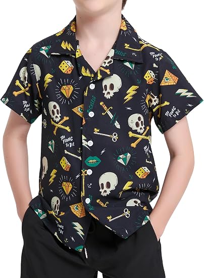 Boys Hawaiian Shirt Short Sleeve Button Down Dress Shirt Kids Summer Beach Aloha Top 4-15 Years - skull tshirt