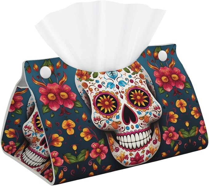 Decorative Tissue Box Cover Colorful Sugar Skull Tissue Box Holder Aesthetic Leather Storage Organizer Box for Bathroom Vanity Tabletop Night Stands Office Funny Home Decorative Tissue Case - skull toilet paper