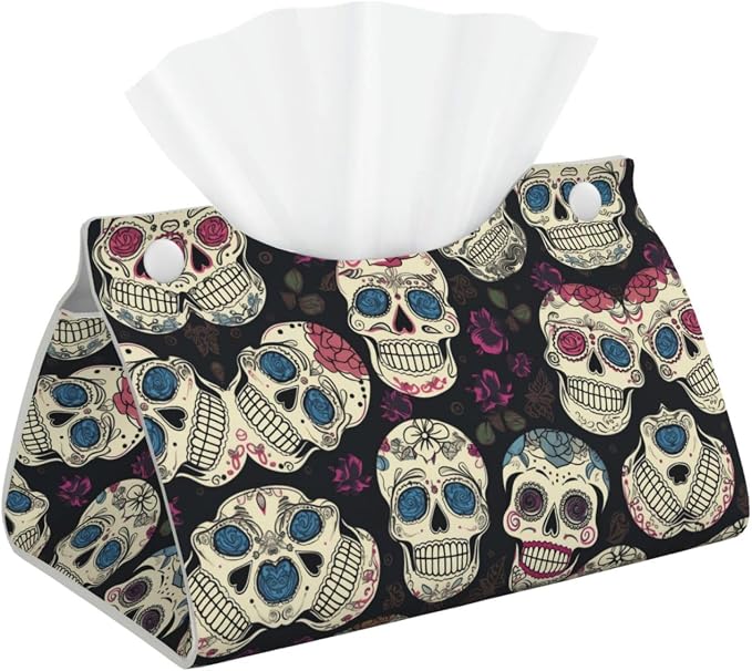 Decorative Tissue Box Cover Vintage Sugar Skulls Tissue Box Holder Aesthetic Leather Storage Organizer Box for Bathroom Vanity Tabletop Night Stands Office Funny Home Decorative Tissue Case - skull toilet paper