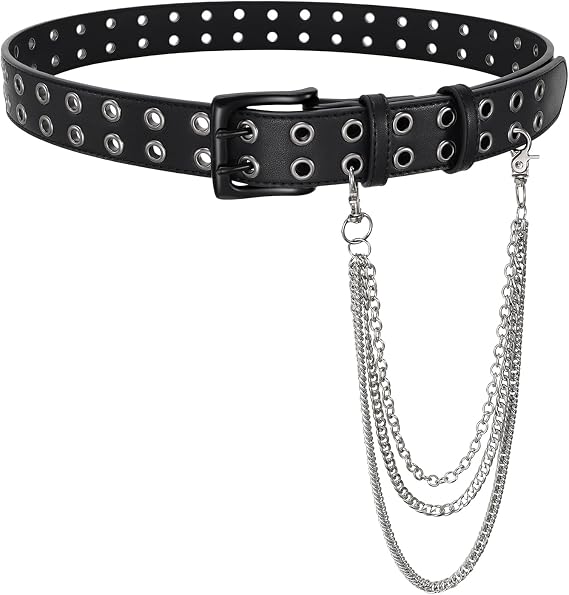 Double Grommet Studded Belt with Detachable Pants Chain Goth Belt for Men - skull wallet