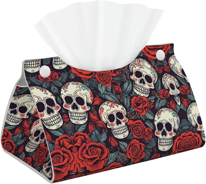 Decorative Tissue Box Cover Sugar Skulls and red Roses Tissue Box Holder Aesthetic Leather Storage Organizer Box for Bathroom Vanity Tabletop Night Stands Office Funny Home Decorative Tissue Case - skull toilet paper