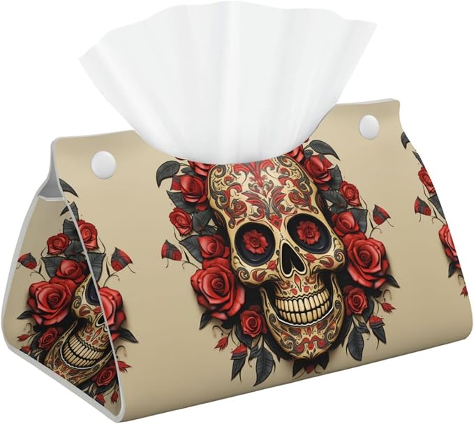 Decorative Tissue Box Cover Red Rose Sugar Skull Tissue Box Holder Aesthetic Leather Storage Organizer Box for Bathroom Vanity Tabletop Night Stands Office Funny Home Decorative Tissue Case - skull toilet paper