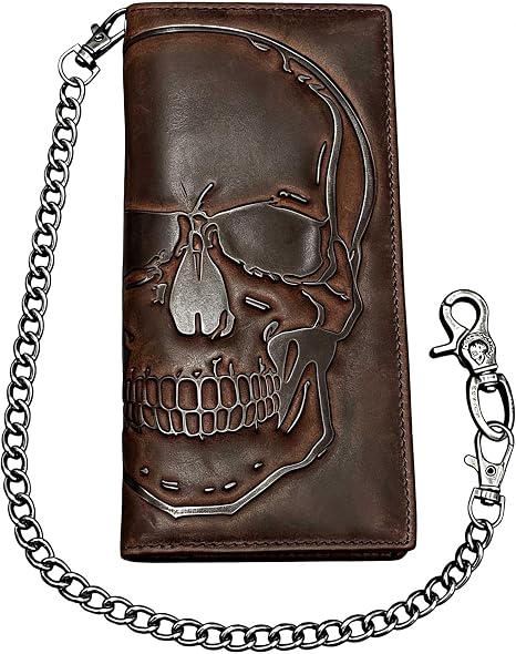 Skull Long Bifold Wallet for Men Full Grain Cowhide Genuine Leather Biker Wallet with Chain, RFID-Blocking, Brown