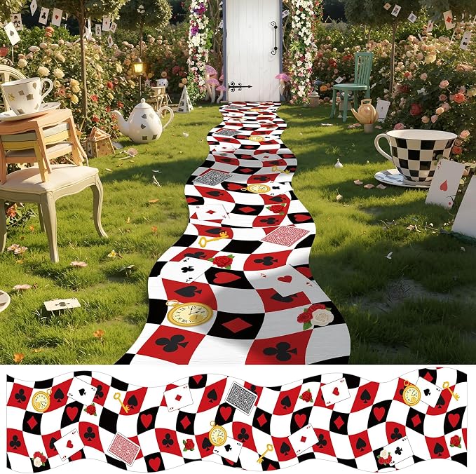Capoda 1 PC Wonderland Party Decoration Poker Aisle Runner Rug 23.6" x 118" Black White Red Casino Playing Cards Clock Carpet Halloween Wonderland Tea Party Backdrop Art Decor for Birthday Baby Shower - skull carpet