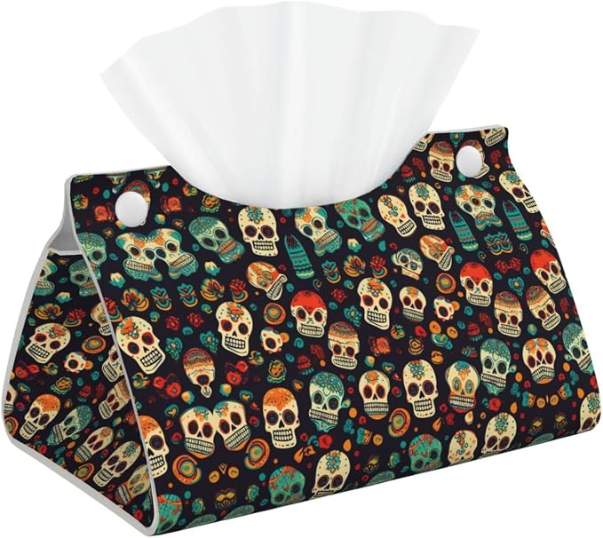 Decorative Tissue Box Cover Sugar Skulls Tissue Box Holder Aesthetic Leather Storage Organizer Box for Bathroom Vanity Tabletop Night Stands Office Funny Home Decorative Tissue Case - skull toilet paper