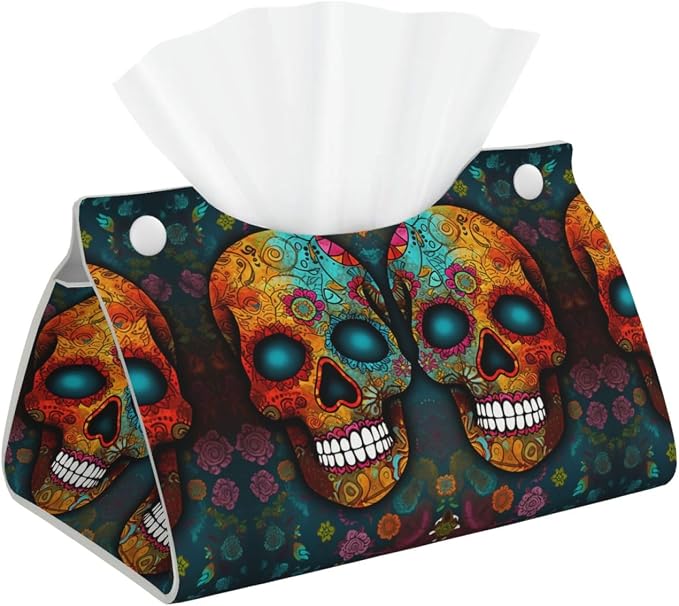 Decorative Tissue Box Cover Colorful Sugar Skulls Tissue Box Holder Aesthetic Leather Storage Organizer Box for Bathroom Vanity Tabletop Night Stands Office Funny Home Decorative Tissue Case - skull toilet paper