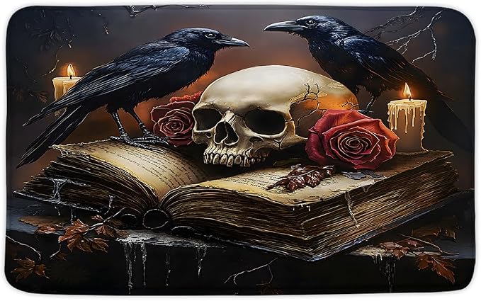 Gothic Skull Crow Bath Mat Halloween Black Raven Red Rose Floral Old Books Candle Branch Tree Abstract Memory Foam Floor Mat for Bathroom Rug Doormat Livingroom Laundry Bedroom 16"x24" - skull toilet mat