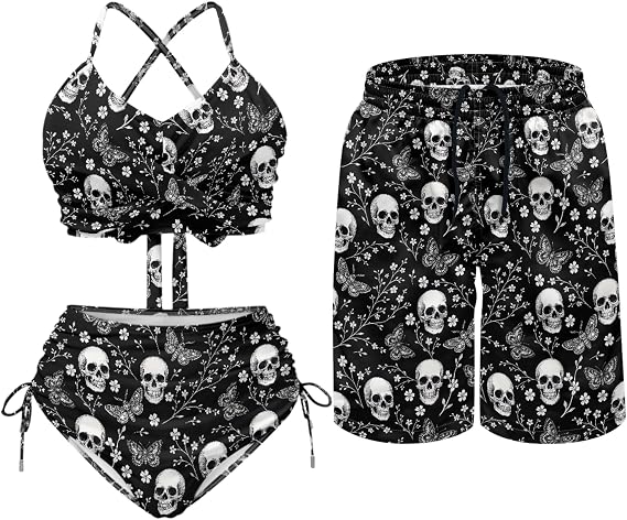 Matching for Couples Hawaiian Women Tummy Control 2 Piece Swimsuit Men's Quick Dry Board Shorts - skull swimsuit