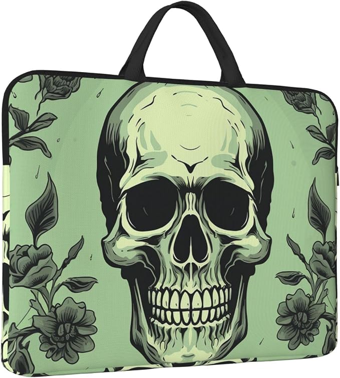 Skull on Light Green Background Laptop Sleeve Case 14 inch, Shockproof Protective Computer Cover Portable Briefcase Carrying Bag