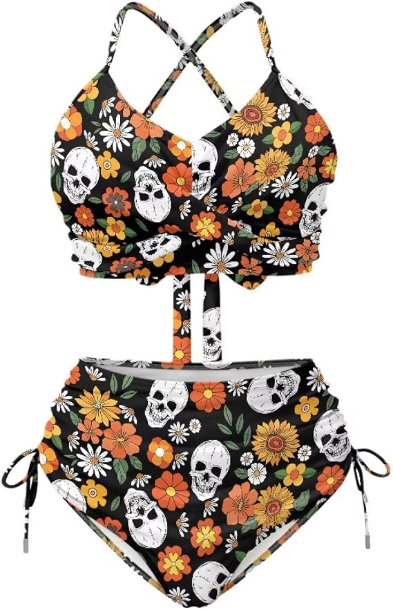JEOCODY Bikini Sets for Women 2 Piece Cheeky Swimsuits Cute Bathing Suits for Beach Vacation - skull swimsuit