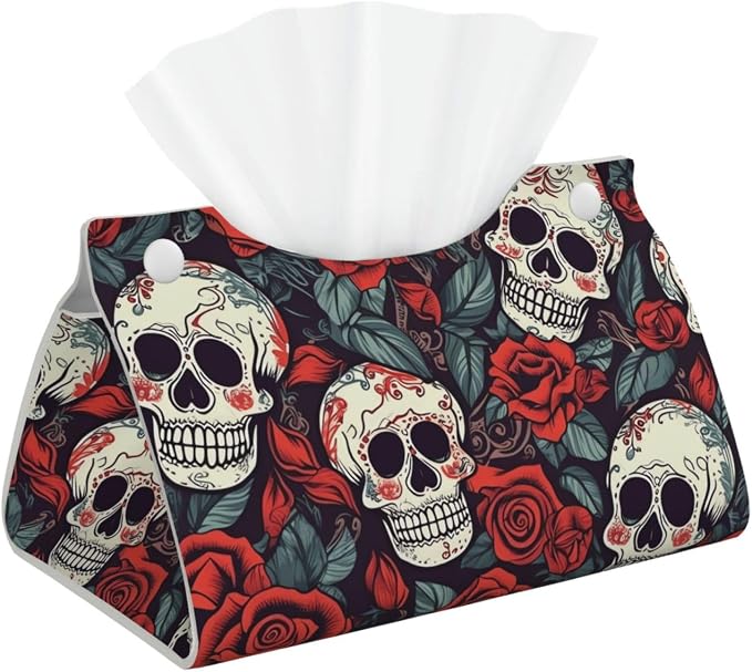 Decorative Tissue Box Cover Sugar Skulls and Red Roses Tissue Box Holder Aesthetic Leather Storage Organizer Box for Bathroom Vanity Tabletop Night Stands Office Funny Home Decorative Tissue Case - skull toilet paper