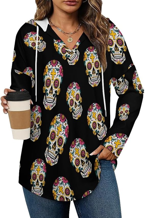 Mexican Sugar Skull Fashion Women's Hoodie Long Sleeve Pullover Sweatshirt Hooded Tunic Tops - skull hoodie