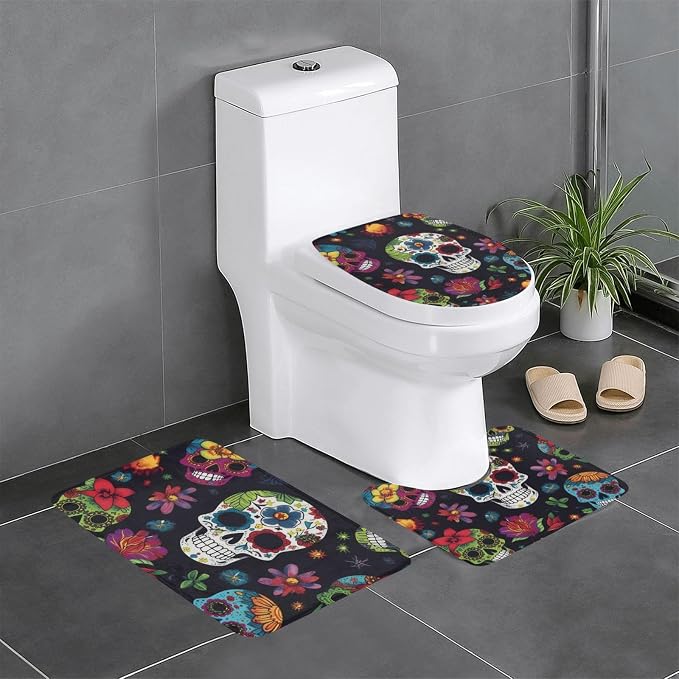 Bathroom Rugs Sets 3Piece Bath Mat Ultra Absorbent Non-Slip Bath Rugs Flower Cactus Sugar Skull Floor Mats Soft Shower Rug U-Shaped Contour Toilet Rug Toilet Lid Cover for Tub Shower - skull toilet rug