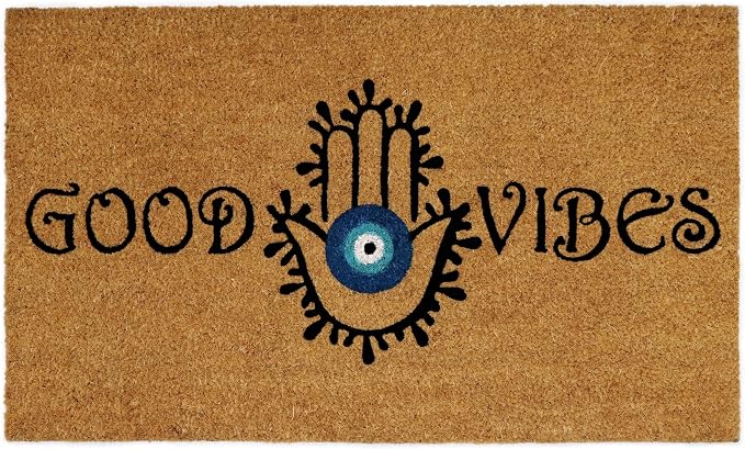 Good Vibes Evil Eye Coir Doormat - 17x30 inch Non-Slip Door Mat - skull door mat