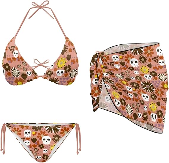 Women's Bathing Suit with Cover up Swimsuits Bikini Sets Sarong Wraps Swim Cover Up XS-2XL - skull swimsuit
